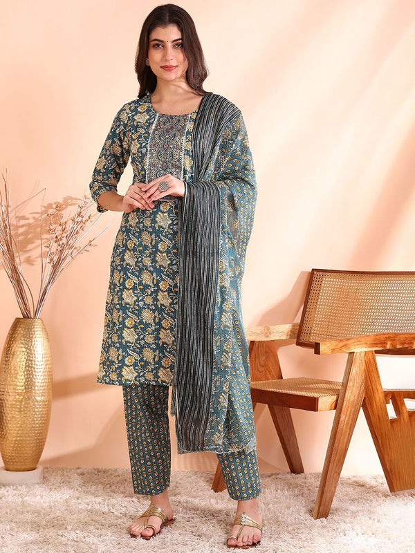Ode by House of Pataudi Printed Mirror Work Pure Cotton Kurta With Trousers & Dupatta - Distacart