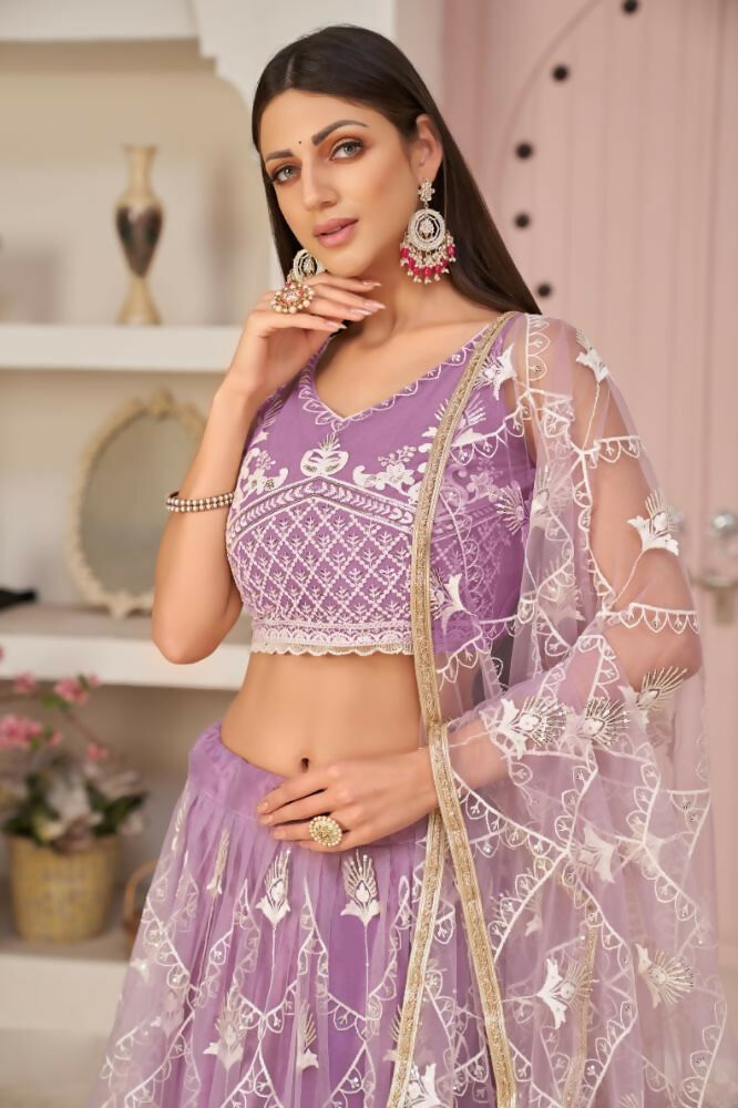 Aastha Fashion Lavender Butterfly Net White Cotton Thread Work, Zari Work And Sandwich Sequence Work Embroidery Wedding Wear Lehenga Choli - Distacart