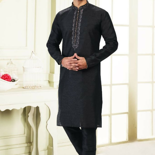 Raivat Ethnic Jacquard Banarasi Silk Thread Work Kurta Pajama In Black Colour - Distacart