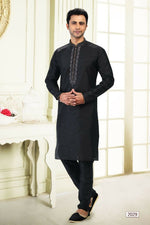Thumbnail for Raivat Ethnic Jacquard Banarasi Silk Thread Work Kurta Pajama In Black Colour - Distacart