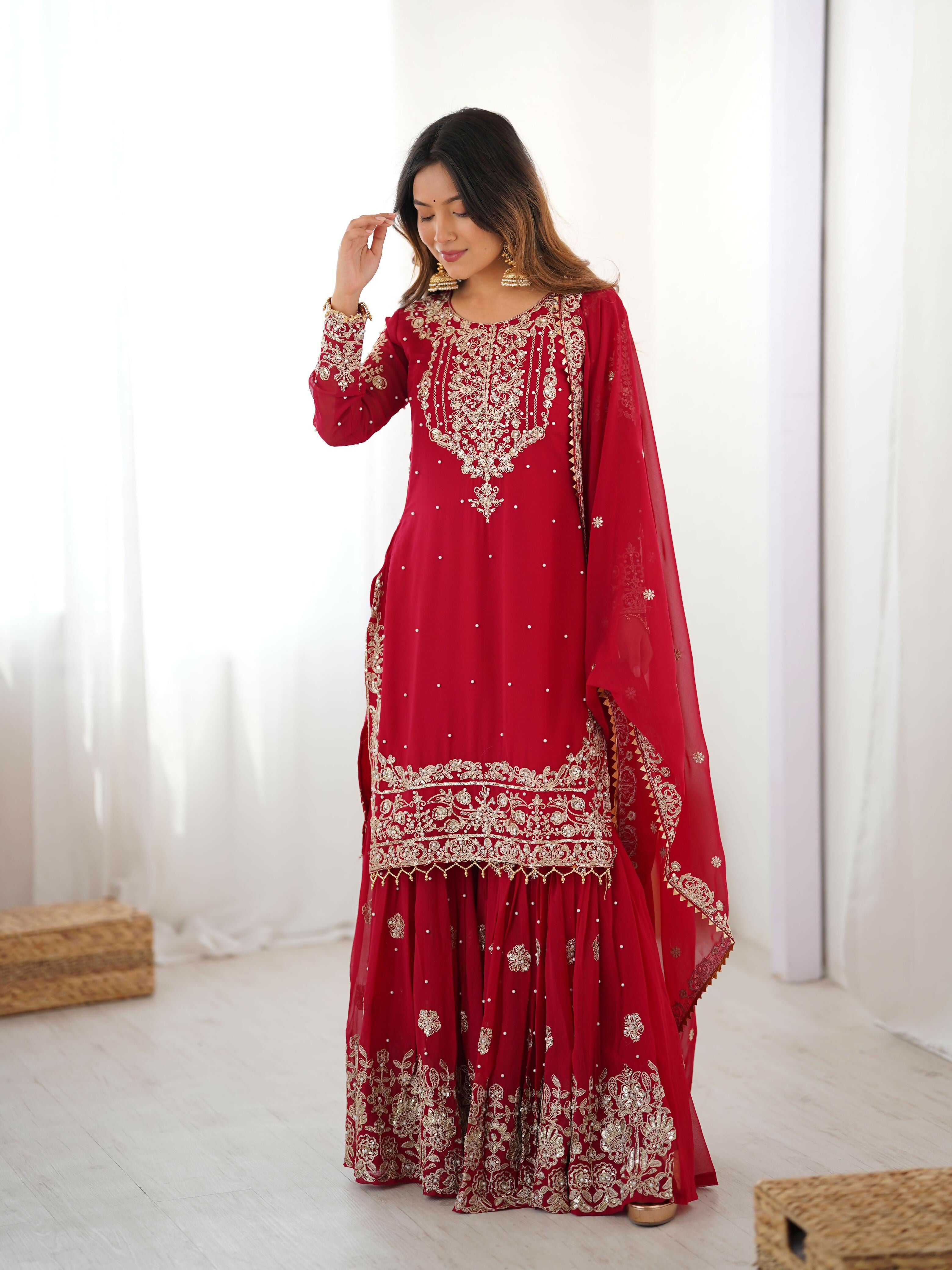 Joban Fashion Red Sharara Georgette Thread with Sequins work