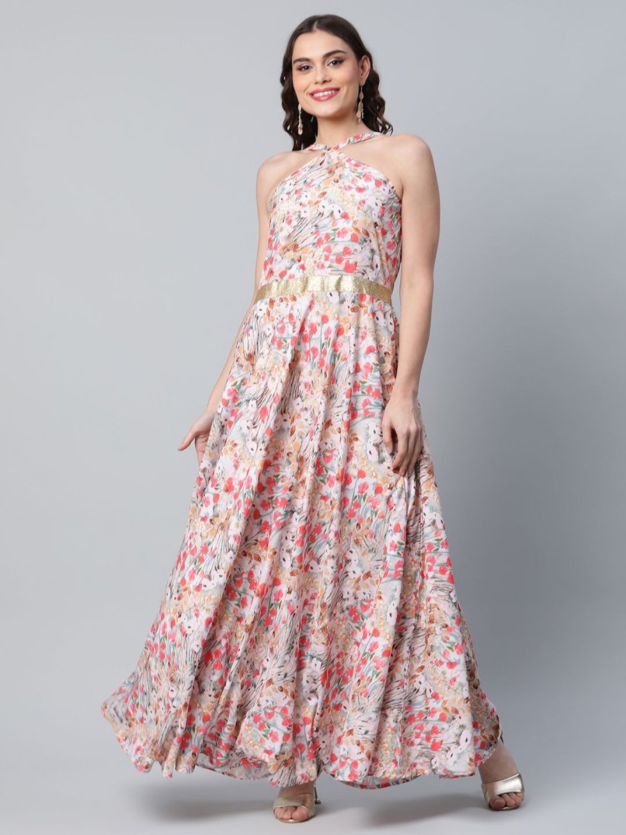 Ahalyaa Women Crepe Printed Classic White Romantic Florals Dress - Distacart