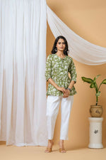 Thumbnail for Joban Fashion Green Floral Hand Block Printed Cotton Co-Ord Set - Distacart