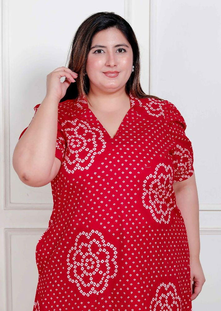 Miravan Plus Size Womens Red Bandhani Printed Collar Neck Maxi Dress - Distacart