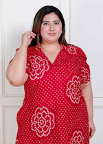 Thumbnail for Miravan Plus Size Womens Red Bandhani Printed Collar Neck Maxi Dress - Distacart