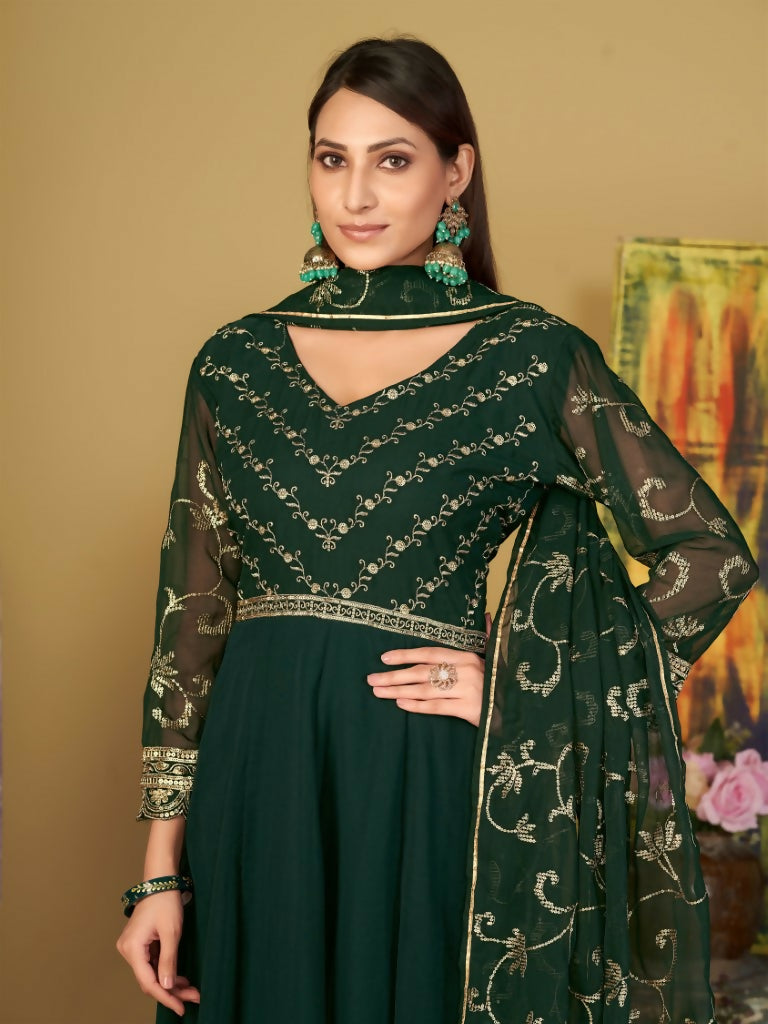 Jyoti Fashion Women's Bottle Green Georgette Embroidered Anarkali Kurta Pant Set With Dupatta - Distacart
