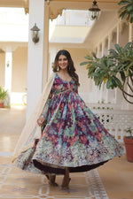 Thumbnail for Jyoti Fashion Women's Wine Russian Silk Sequins Zari Embroideredy Anarkali Dress with Dupatta - Distacart