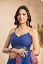Thumbnail for Vastranavya Blue Digital Printed Linen Ready To Wear Pocket Saree with Unstitched Blouse - Distacart