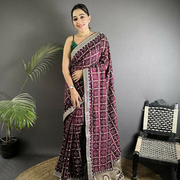 Joban Fashion Wine Bandhej Bandhani Vichitra Silk Bandhani Prints Saree - Distacart