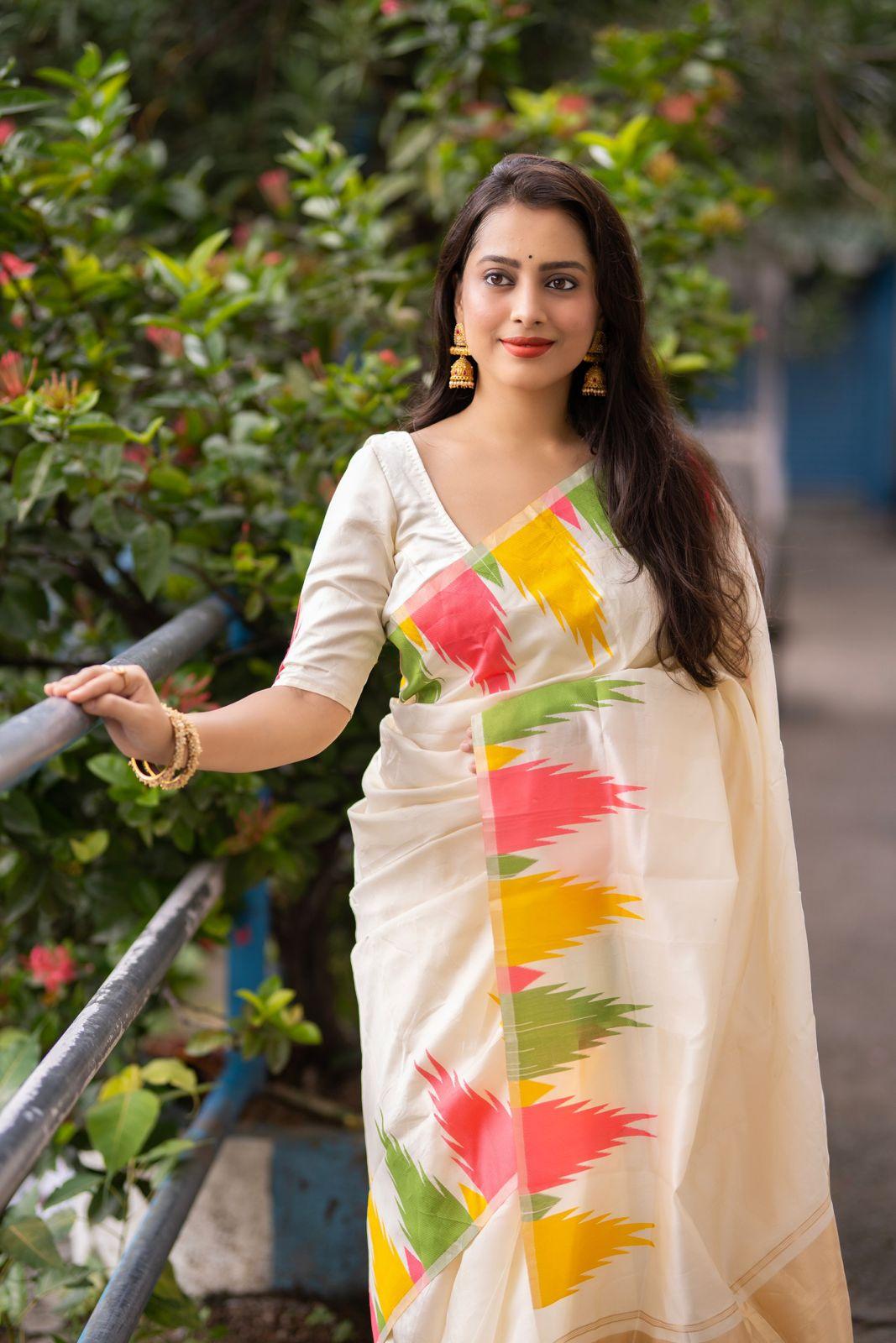 Cream Polycotton Woven Design Saree with Unstitched Blouse - Hiral Fashion - Distacart