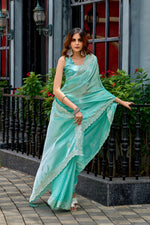 Thumbnail for Vastranavya Turquoise Embroidery Work Shimmer Chiffon Saree with Unstitched Blouse