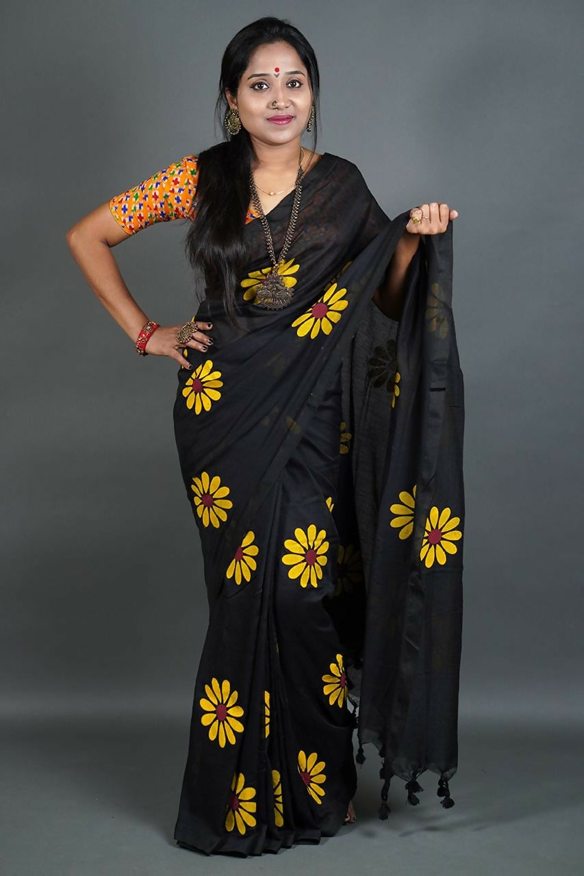 Exclusive Collection Black Pure Cotton Saree With Sunflower Design