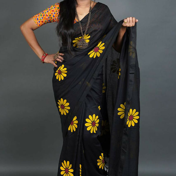 Exclusive Collection Black Pure Cotton Saree With Sunflower Design