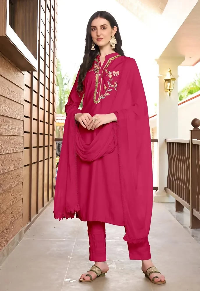 Nikhaar Pink Embroidered Art Silk Straight Cut Readymade Pakistani Suit