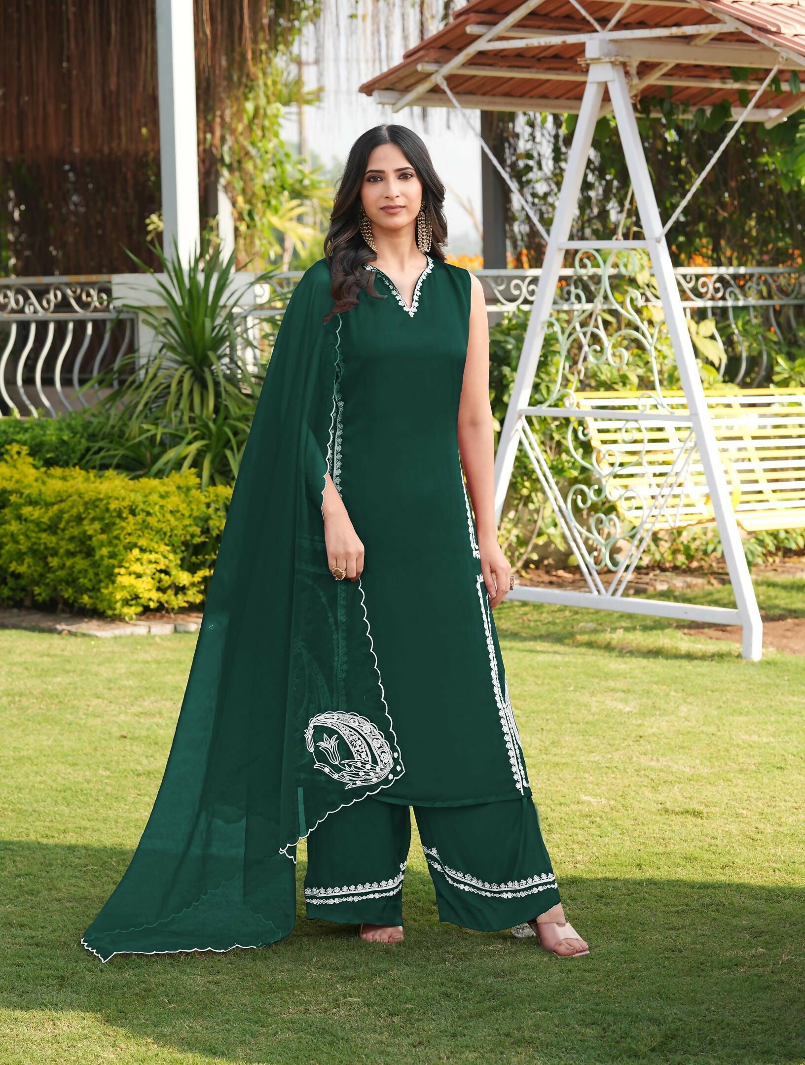 Nikhaar Dark Green Embroidered Modal Silk Stitched Straight Cut Kurta Culottes Dupatta Readymade Suit - Dista