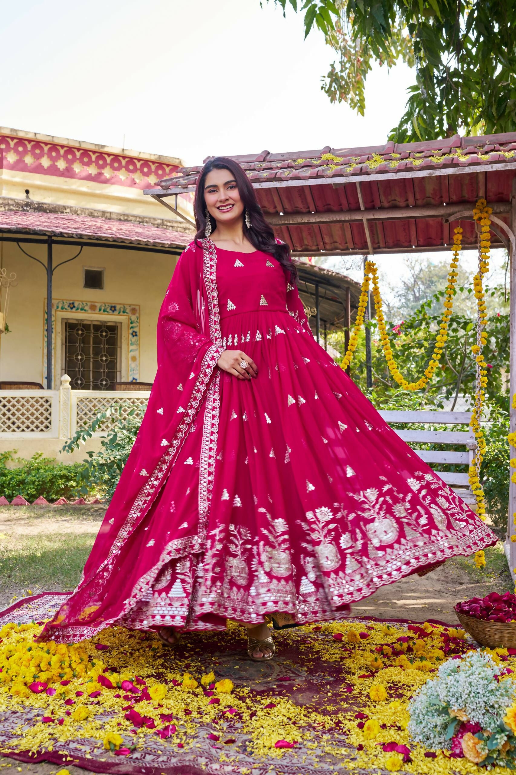 Teeya Creation Womens Casual Party Wear Heavy 7mm Sequence Embroidery Work Pink Gown Set - Dista