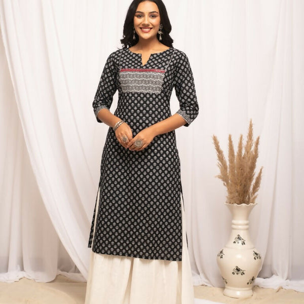 FIORRA Women's Floral Printed Black Cotton Straight Kurta - Distacart