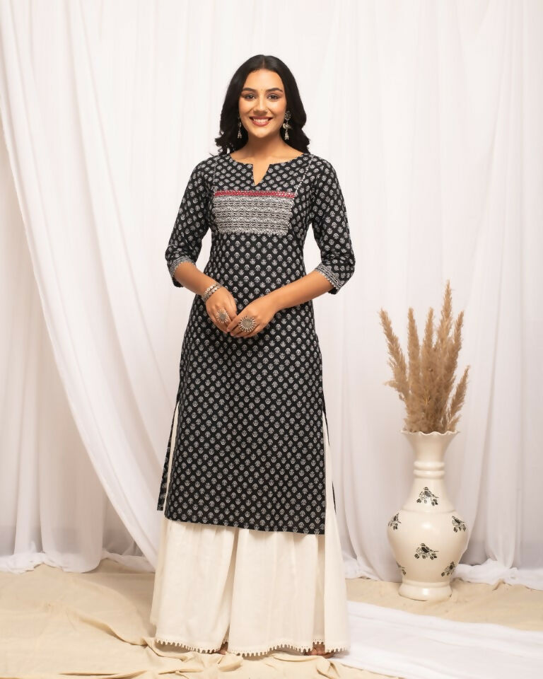 FIORRA Women's Floral Printed Black Cotton Straight Kurta - Distacart