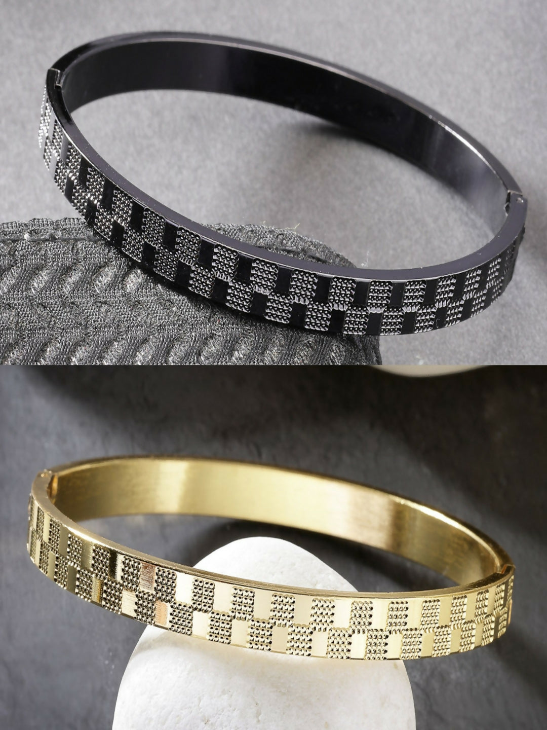 NVR Men's Set of 2 Gold & Black Rhodium-Plated Stainless Steel Kada Bracelet - Distacart