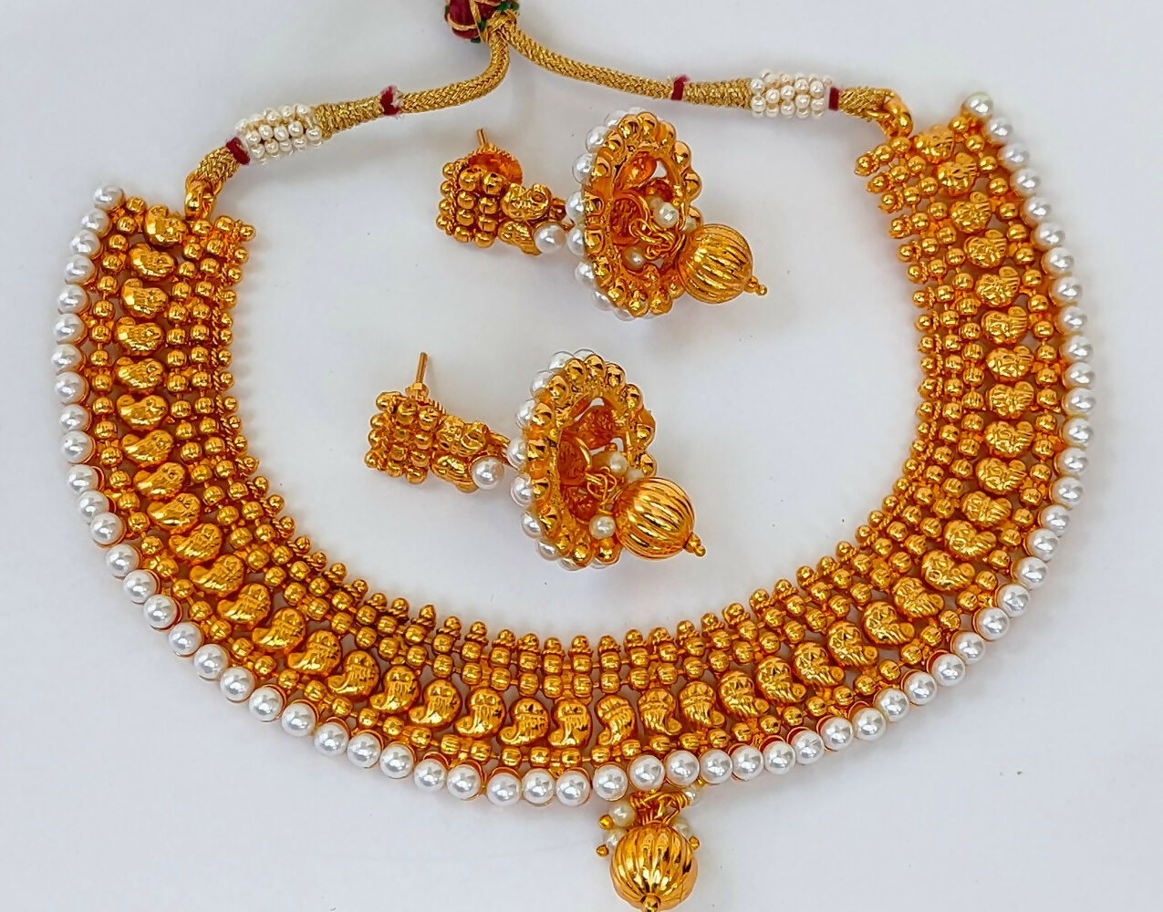Metallic Mango Necklace Set With White Beads - Distacart