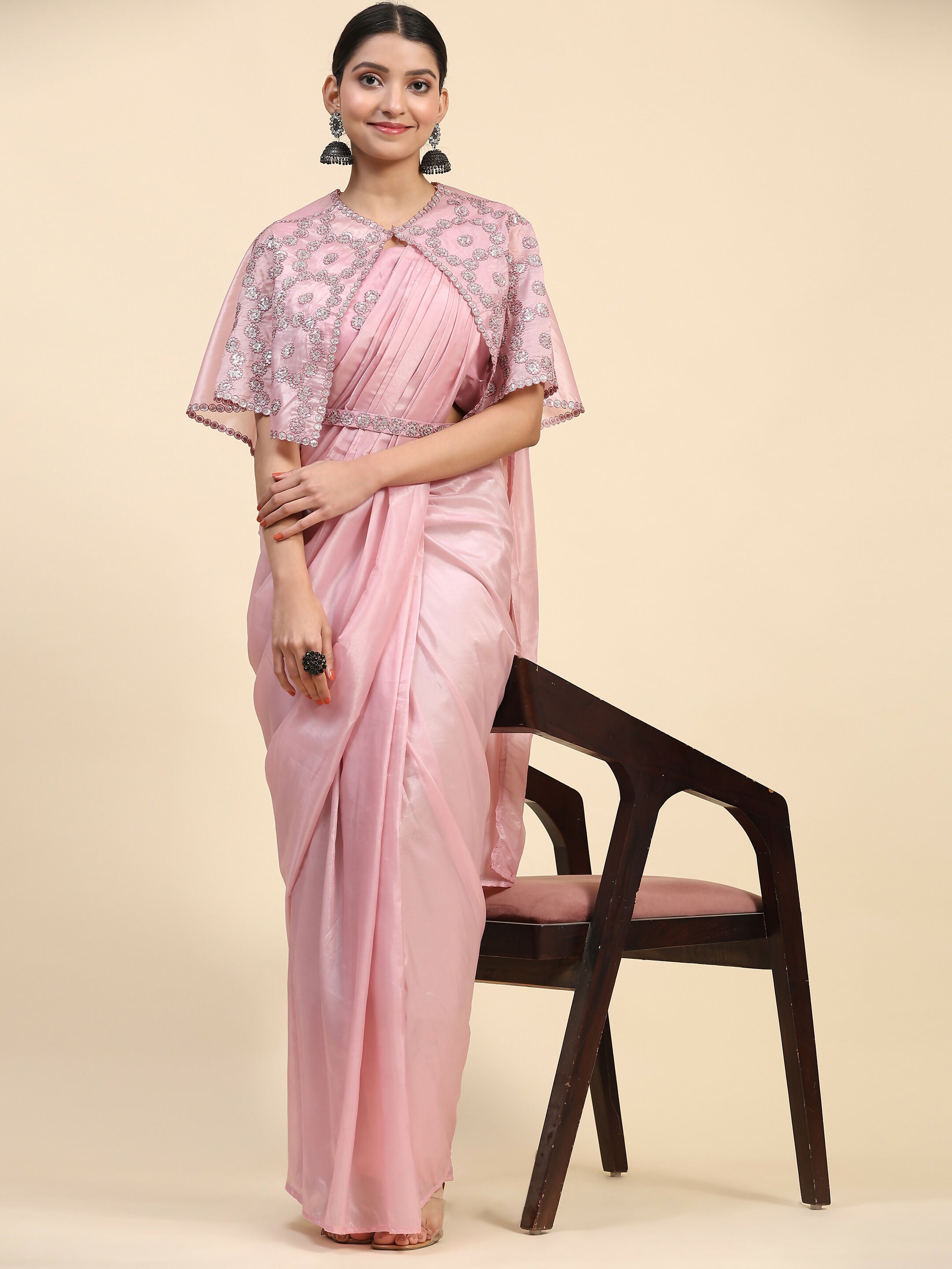 Pink Satin Solid Ready to wear Saree with stitched Blouse - Vanita - Distacart