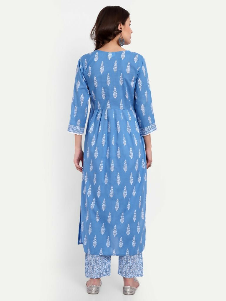 Alvano Printed Naira Cut Kurti with Pant set for Women and Girls Cotton (Blue) - Distacart