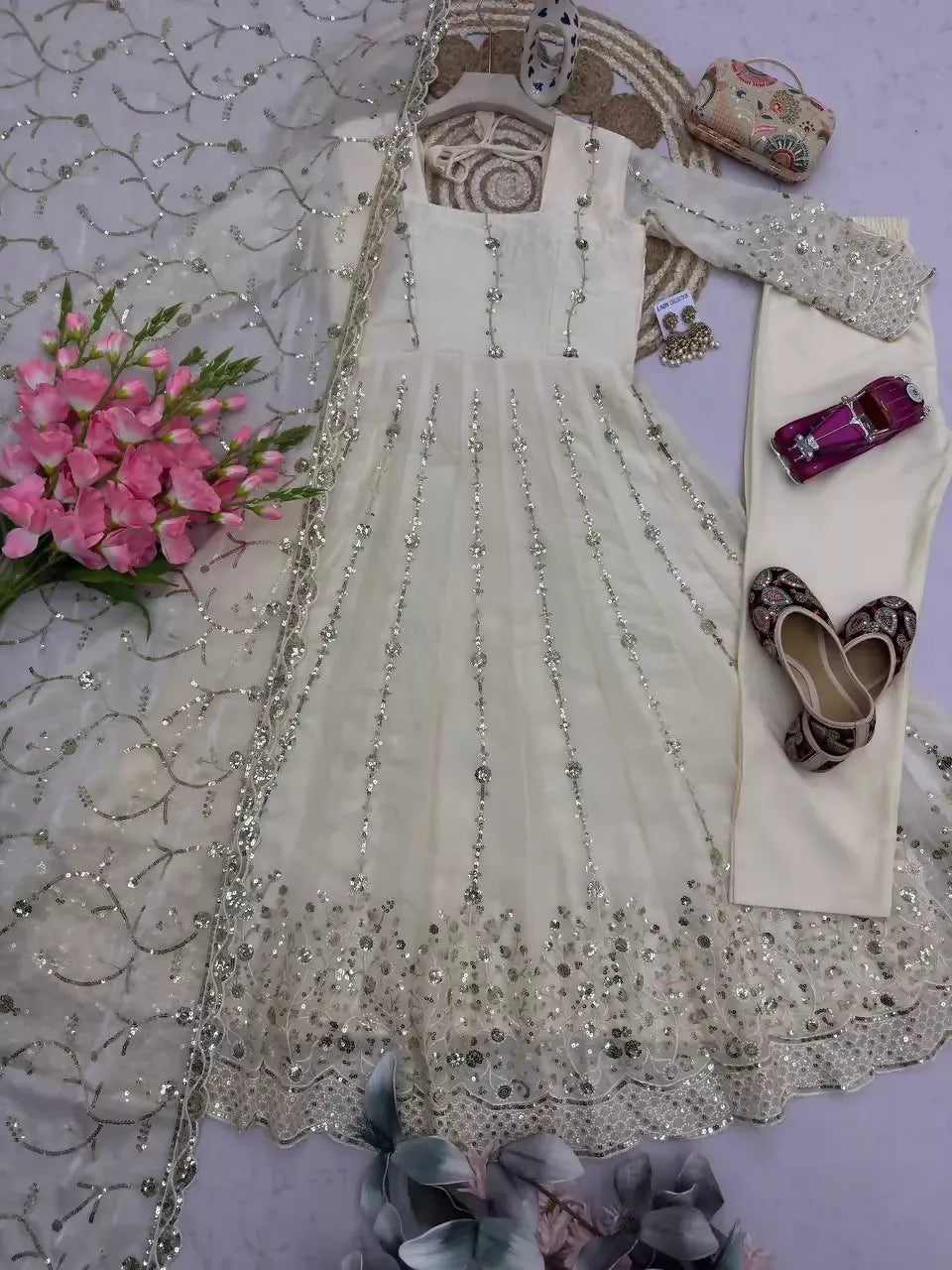 Teeya Creation Designer White Heavy Zari & Sequins Work Anarkali Gown - Dista