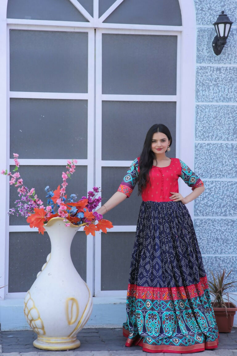 Jyoti Fashion Women's Navy Blue Patola with Foil Print Dola Silk Anarkali Dress - Distacart
