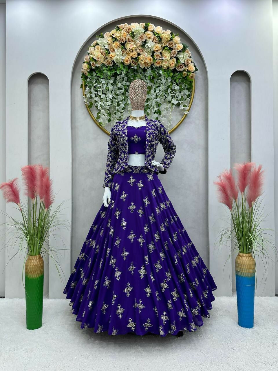 Jyoti Fashion Women's Royal Blue Faux Georgette Sequins with Thread Embroidered Designer Lehenga Choli with Jacket Set - Distacart