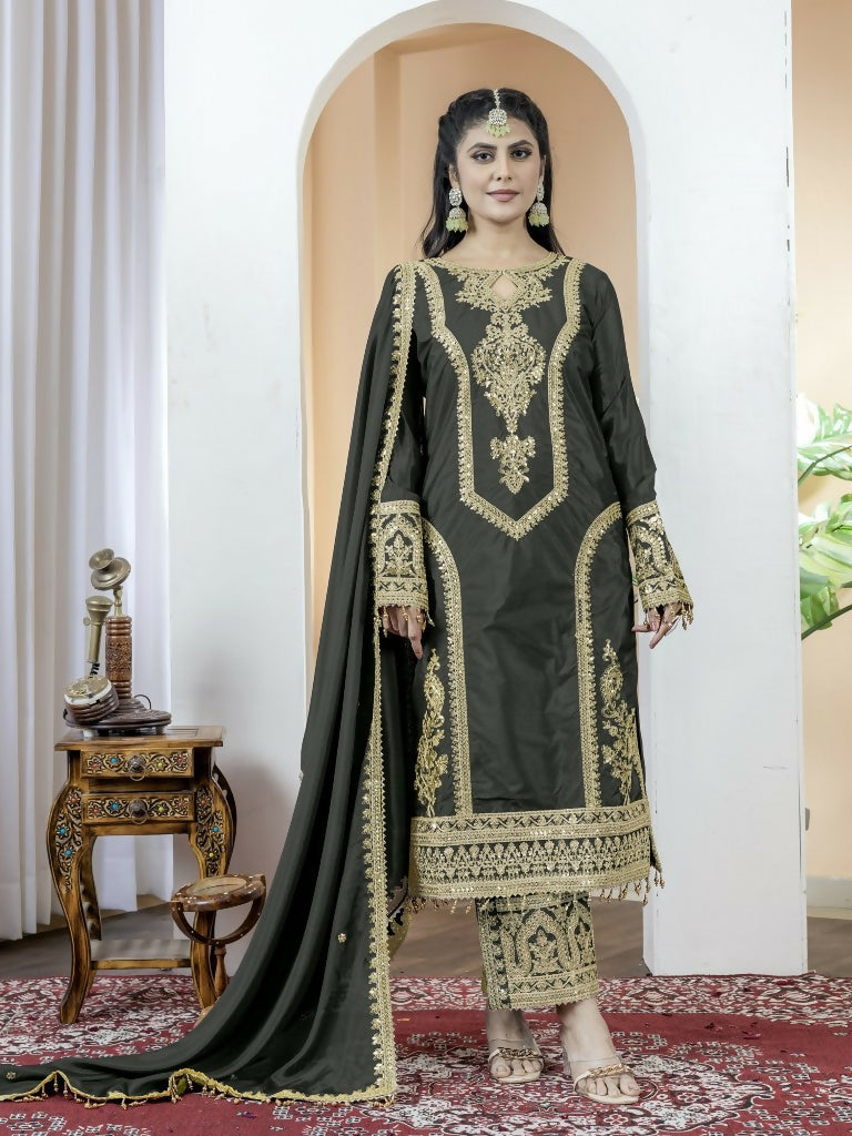 Teeya Creation Black Color Chinnon Silk Embroidery Work Fully Stitched Salwar Suit
