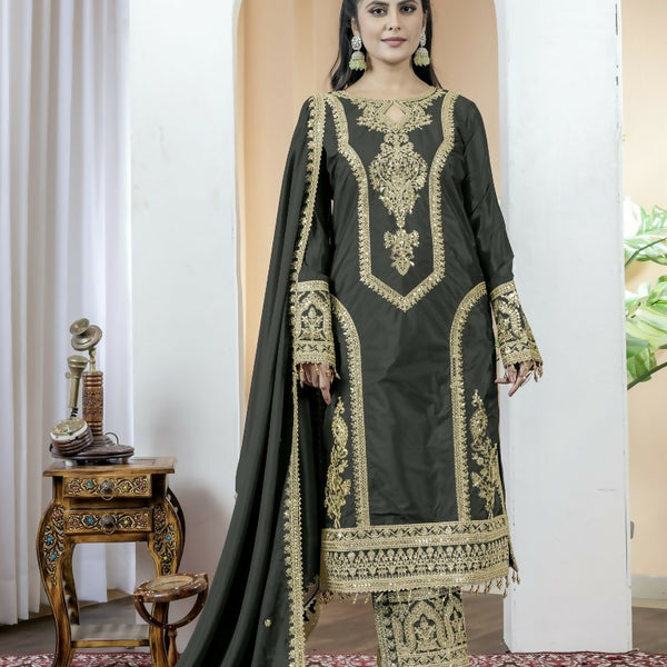Teeya Creation Black Color Chinnon Silk Embroidery Work Fully Stitched Salwar Suit