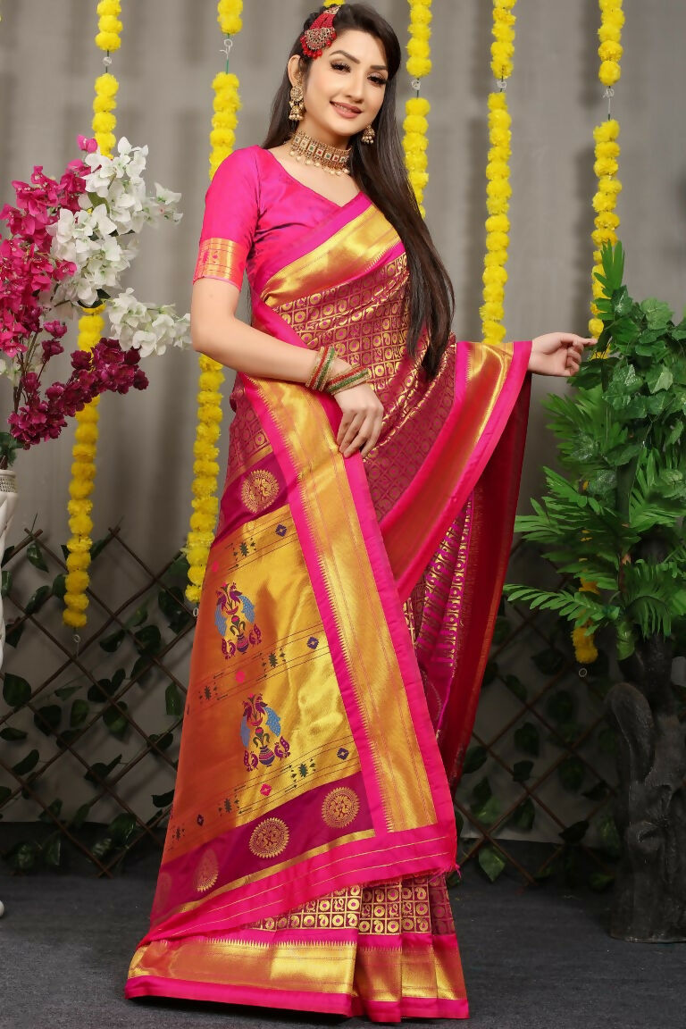 Jyoti Fashion Women's Magenta Banarasi Silk Zari Woven Saree with Blouse - Distacart