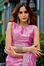 Thumbnail for Vastranavya Baby Pink Embroidery Work Shimmer Chiffon Saree with Unstitched Blouse