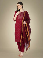 Thumbnail for Jyoti Fashion Women's Maroon Cotton Magic Slub Embroidery & Sequence work Kurta with Trouser & Dupatta - Distacart