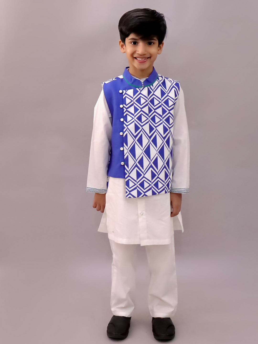 Lil Drama Shor-Gul White Kurta Pyjama with Blue Jacket Set For Boys