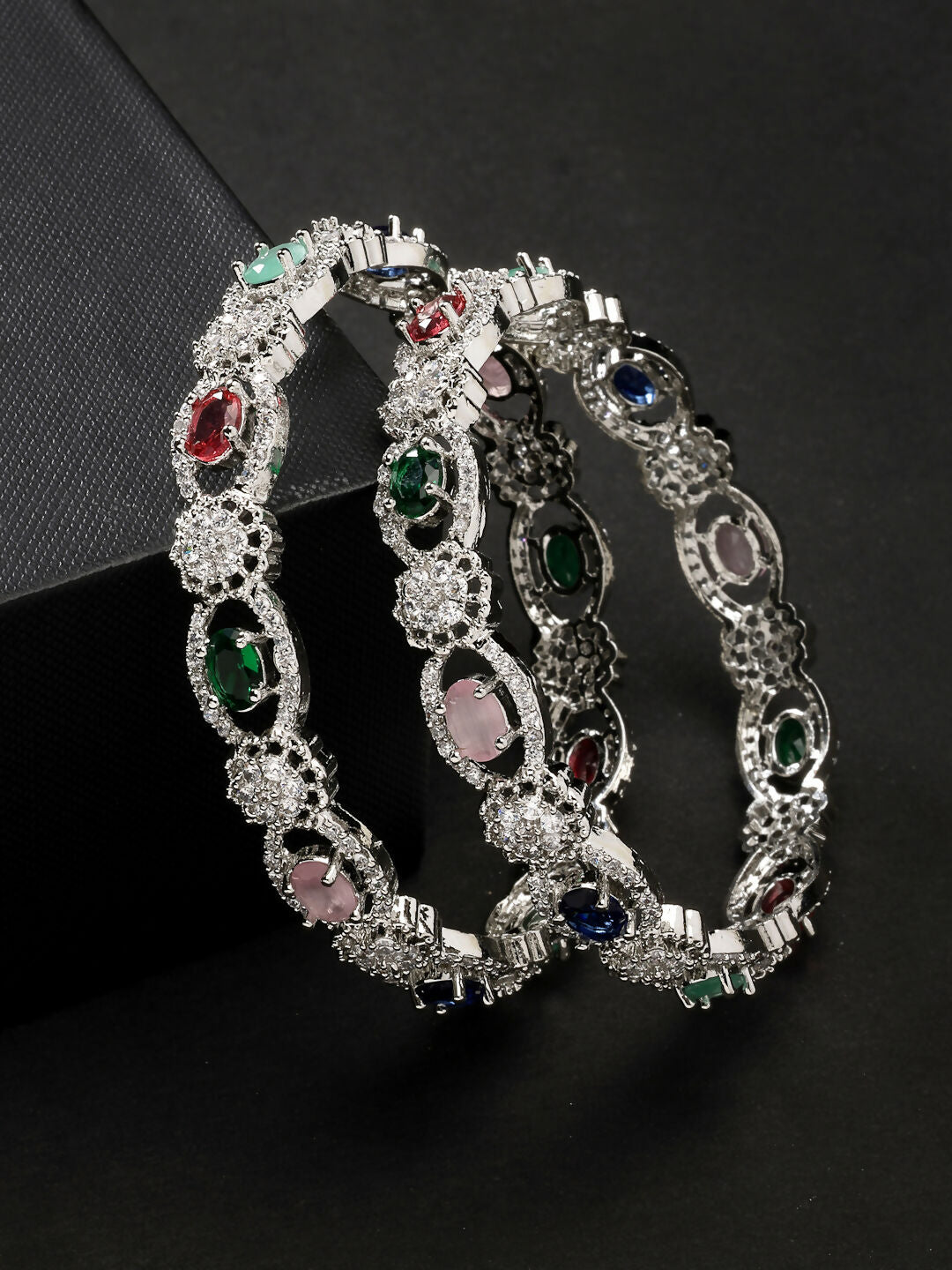 NVR Women's Set of 2 Multi-Coloured CZ Stone-Studded Handcrafted Bangles - Distacart