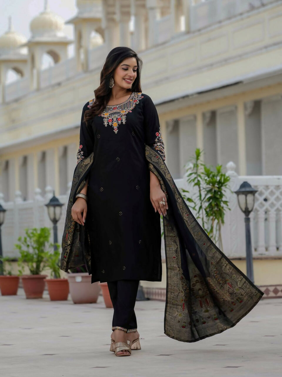 Preksha Creation Wedding Special Premium Roman Silk Coding Embroidery With Sequins Work Kurti Dupatta With Pant
