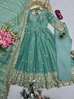 Thumbnail for Teeya Creation Teal Fendy Silk Designer Heavy Work Wedding Wear Long Gown - Distacart