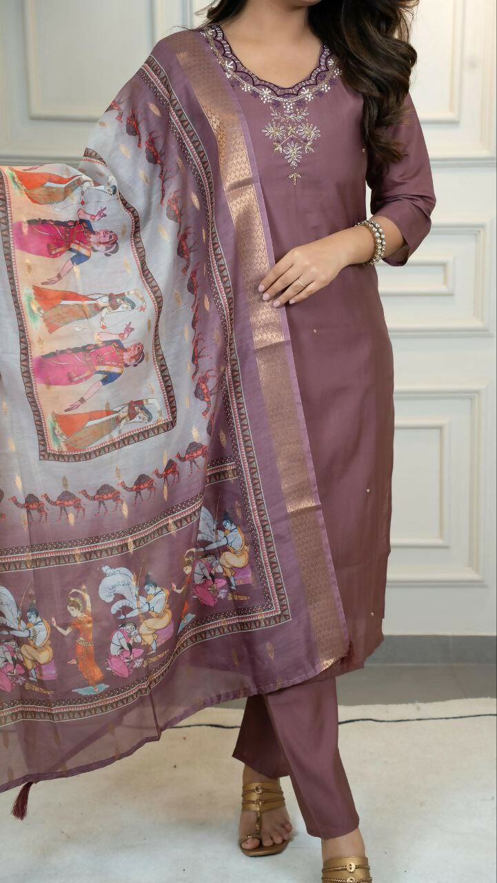 Preksha Creation Premium Roman Silk Hand Work Kurti Pant Dupatta Set