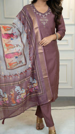Thumbnail for Preksha Creation Premium Roman Silk Hand Work Kurti Pant Dupatta Set