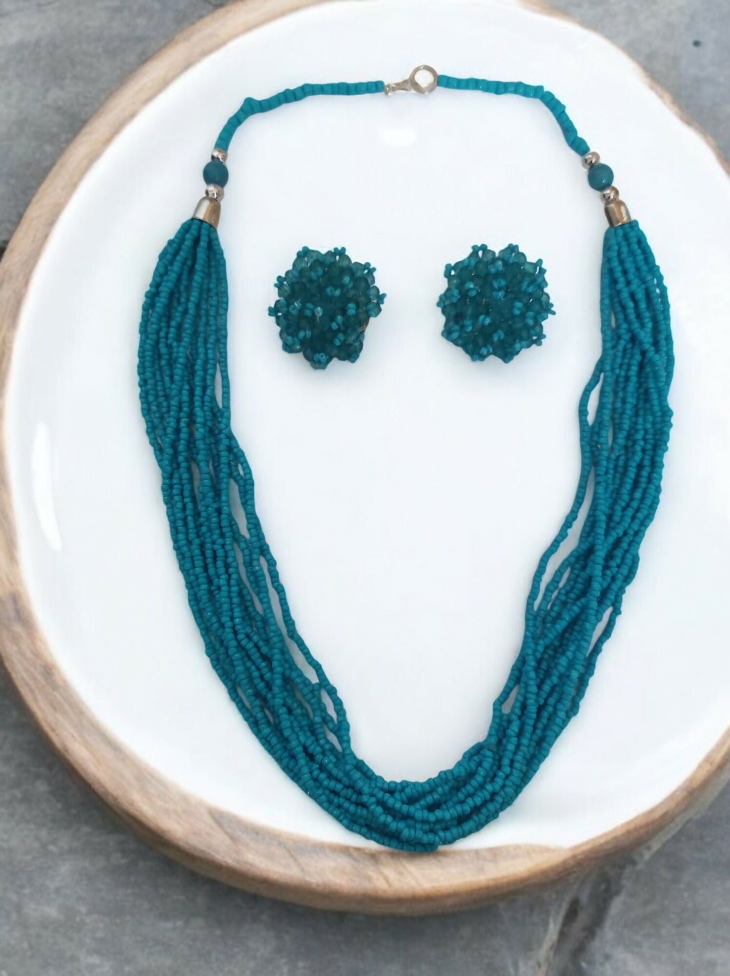 Inhanns Bloom Handmade Beaded Necklace With Earrings - 12 Layers - Skey Blue Necklace Set - Distacart
