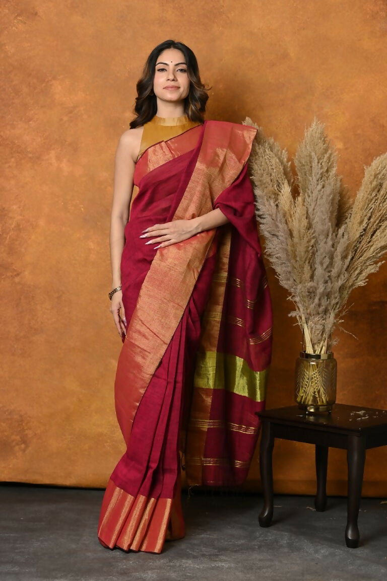 Very Much Indian Handloom Pure Cotton Linen Saree With Golden Border - Maroon - Distacart