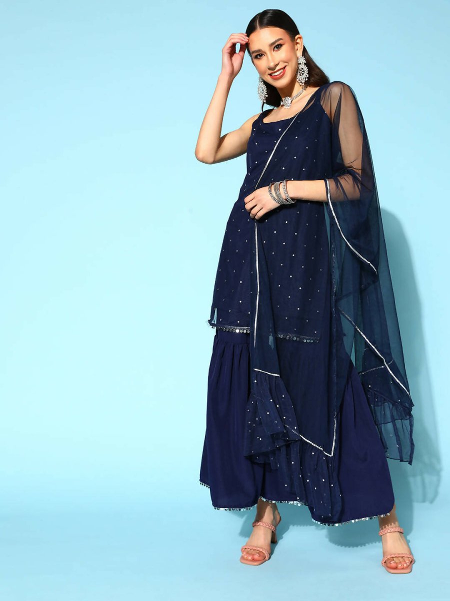 Ahalyaa Women Navy Blue Colour Crepe Foil Printed Kurta Sharara Set With Dupatta - Distacart