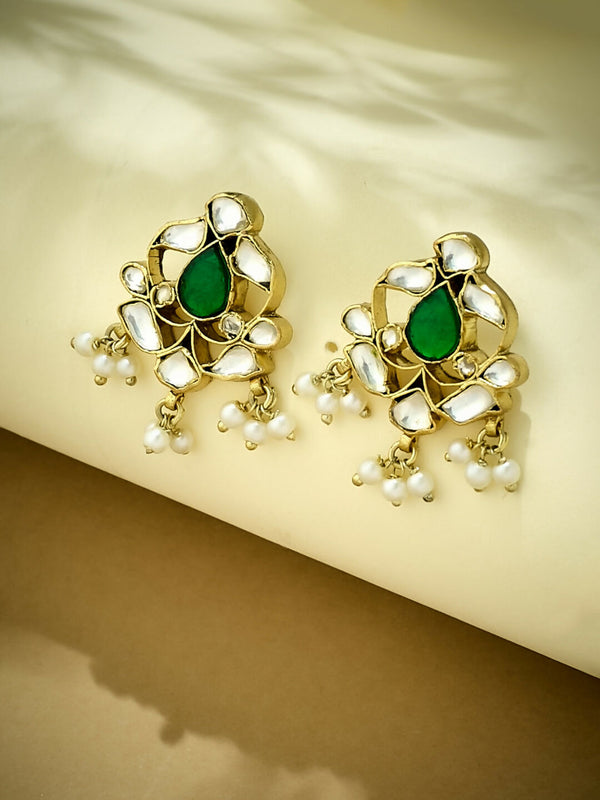 Nuyug 22K Gold-Plated Elegant Kundan & Green Stone Studded Pearl Drops Studs