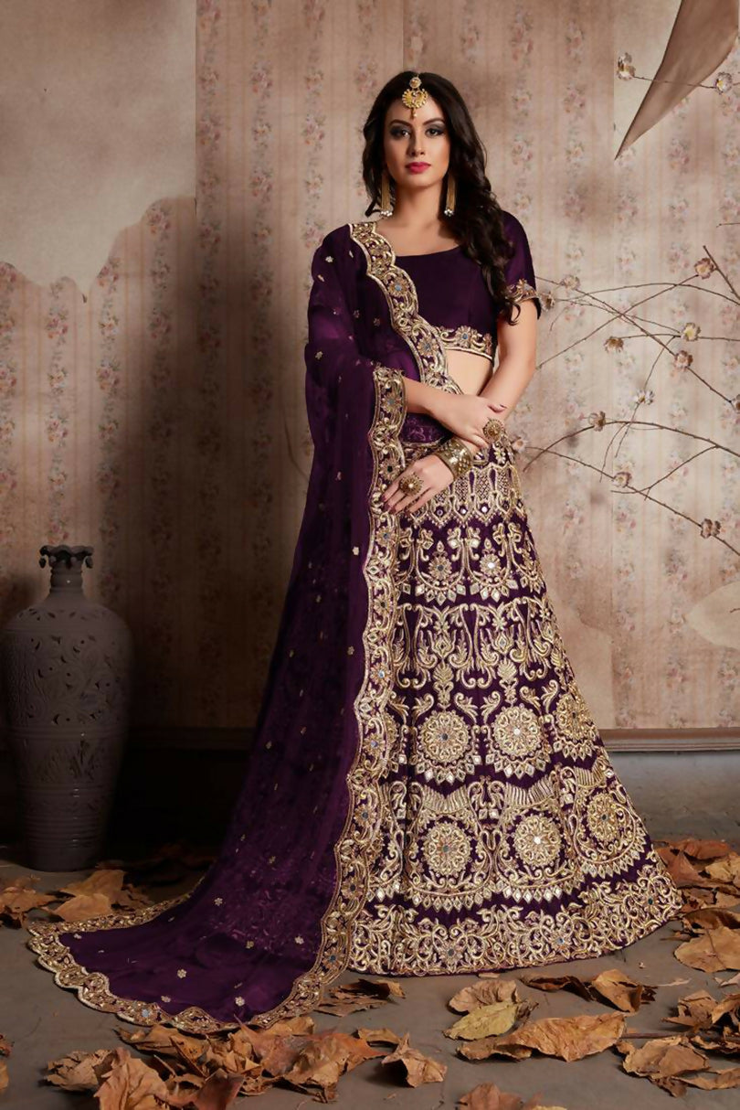 Jyoti Fashion Mesmerizing Wine Sequins Embroidered Velvet Lehenga Choli with Dupatta - Distacart