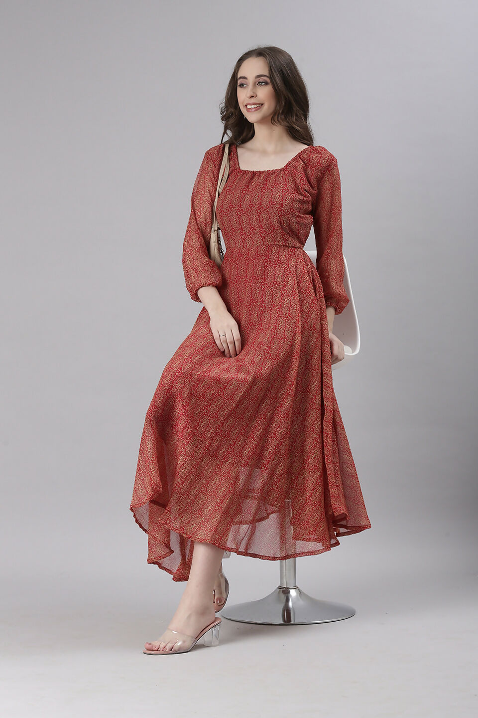 Souchii Rust Orange Printed Fit & Flare Dress
