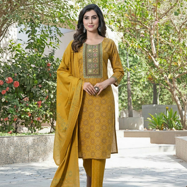 BulBul Aaliya Bright Mustard Cotton Kurta Set with Dupatta