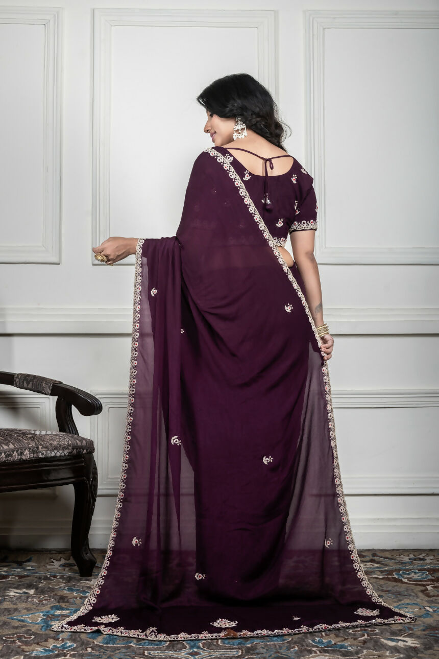 Morchari Wine Chiffon Hand Embroidery Saree And Stitched Blouse