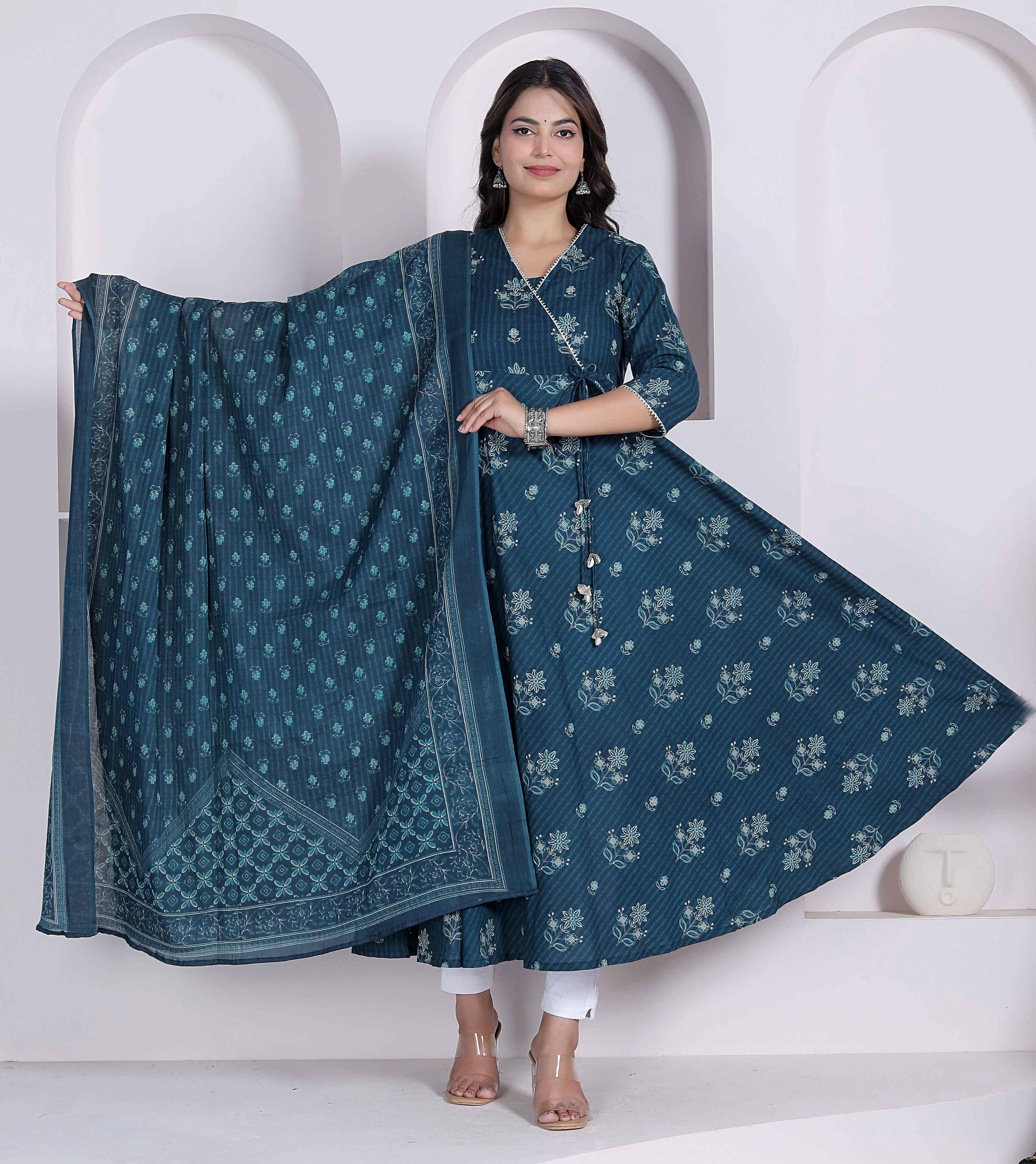 Miravan Womens Blue Floral Printed Angrakha Kurta With Dupatta - Dista