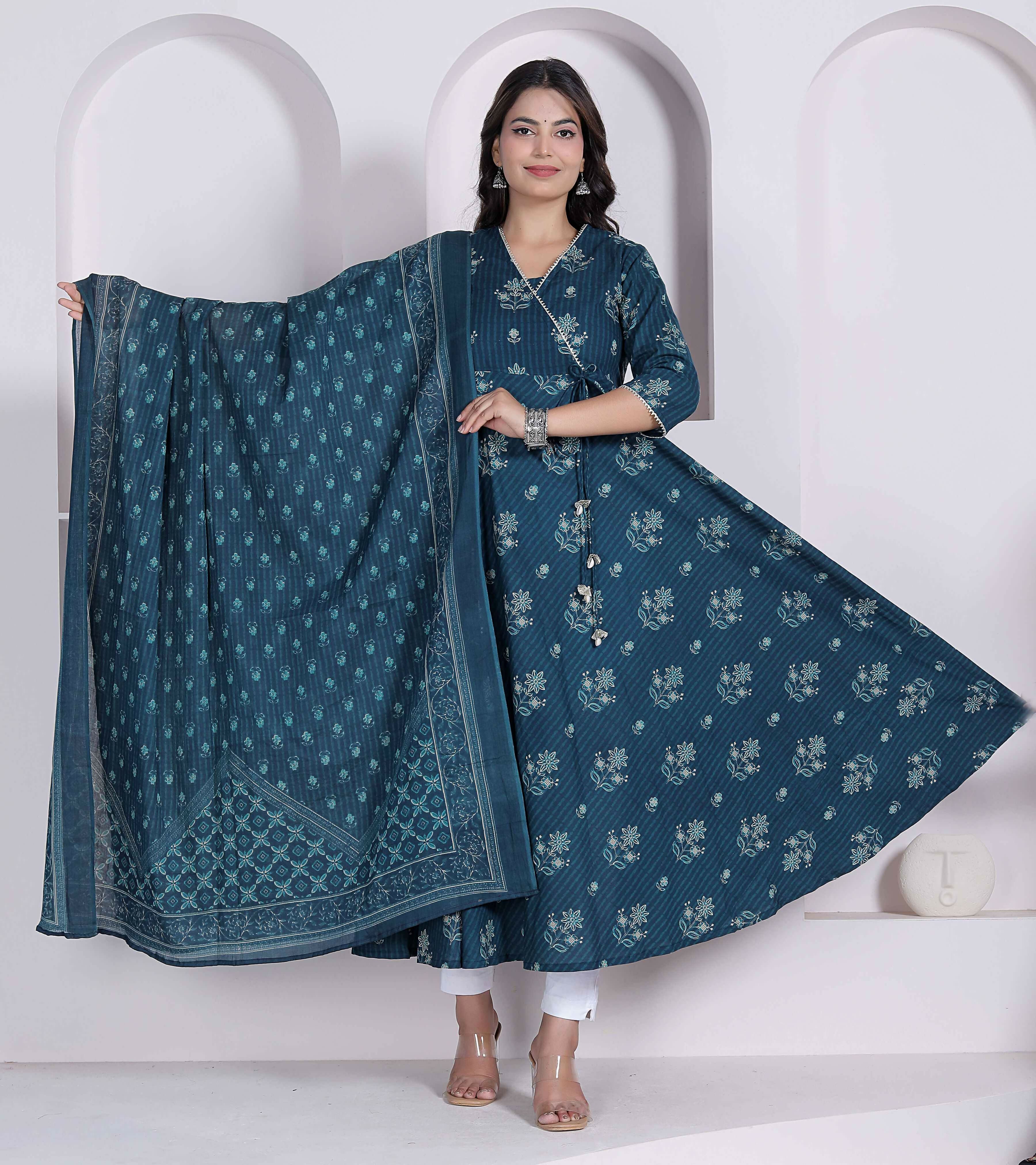 Miravan Womens Blue Floral Printed Angrakha Kurta With Dupatta - Dista